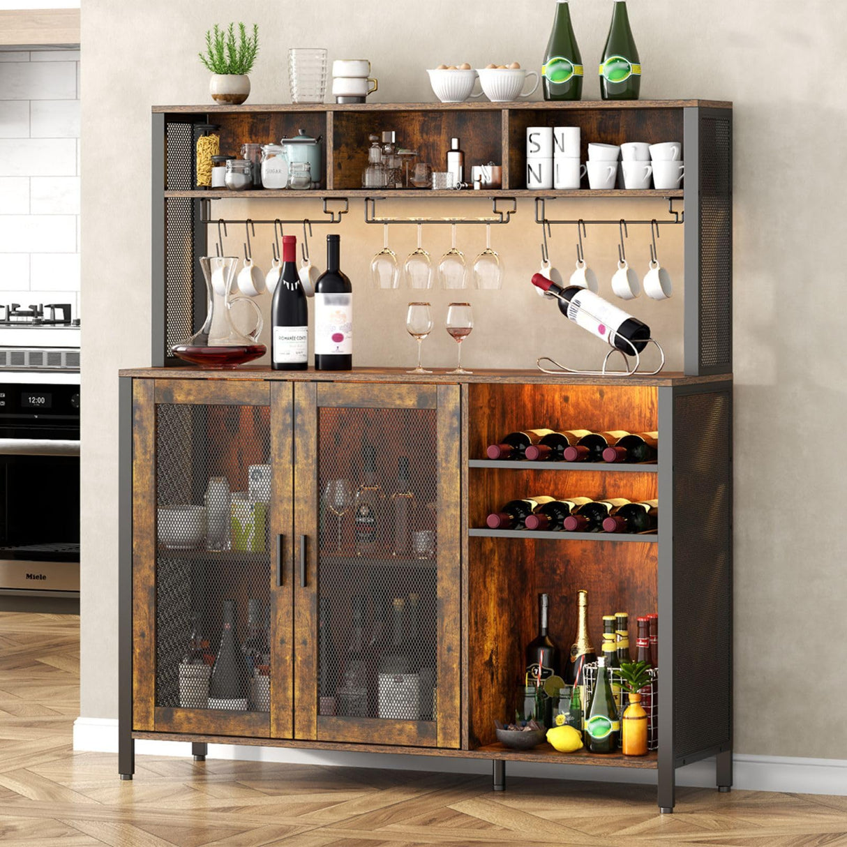Loomie Wine Bar Cabinet with LED Light, Industrial Coffee Bar with Wine Rack & Glass Holder & 3 Compartments, Kitchen Buffet Sideboard with Storage, Liquor Cabinet, Rustic Brown Loomie
