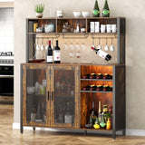 Loomie Wine Bar Cabinet with LED Light, Industrial Coffee Bar with Wine Rack & Glass Holder & 3 Compartments, Kitchen Buffet Sideboard with Storage, Liquor Cabinet, Rustic Brown Loomie