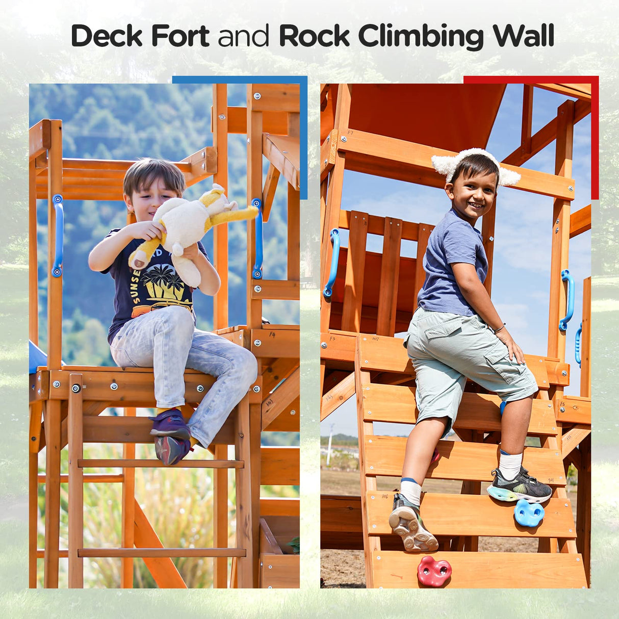 Dolphin Playground Wooden Monkey Bar Sets for Backyard, Swing Sets for Backyard with Outdoor Table, 8FT Wave Slide, and 2 Belt Swings, Multi-Functional Storage Shelf, Outdoor Playset for Kids 3-10 DOLPHIN PLAYGROUND T