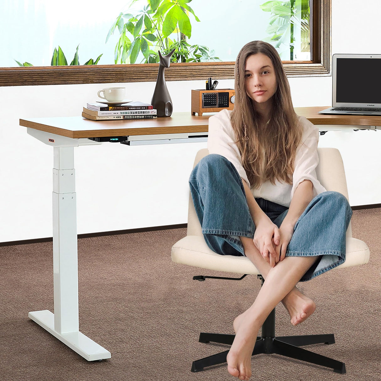 FDW Criss Cross Chair Armless Cross Legged Office Desk Chair Adjustable Swivel Ergonomic Desk Chair No Wheels U Shaped Backrest with Wide Seat Native Sponge Computer Task Vanity Chair for Home Office FDW