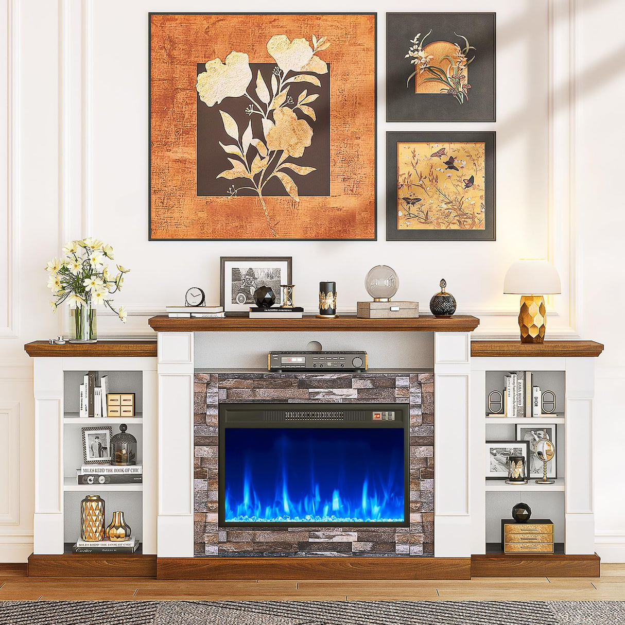 oneinmil 70" Fireplace TV Stand, Electric Fireplace with Mantel, Modern Entertainment Center with Open Storage, Remote Control, Adjustable Flame, Fire Place TV Stand for Living Room, Bedroom Oneinmil