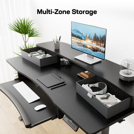 HUANUO 55" x 26" Electric Standing Desk with 2 Drawers & 26.7" Large Keyboard Tray, C-Clamp Mount Compatible, Adjustable Computer Desk for Home Office, Stand Up Desk with 4 Height Presets, Black HUANUO
