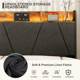 AOVSA Upholstered California King Bed Frame with Storage Headboard, Charging Station & LED Lights in Black AOVSA