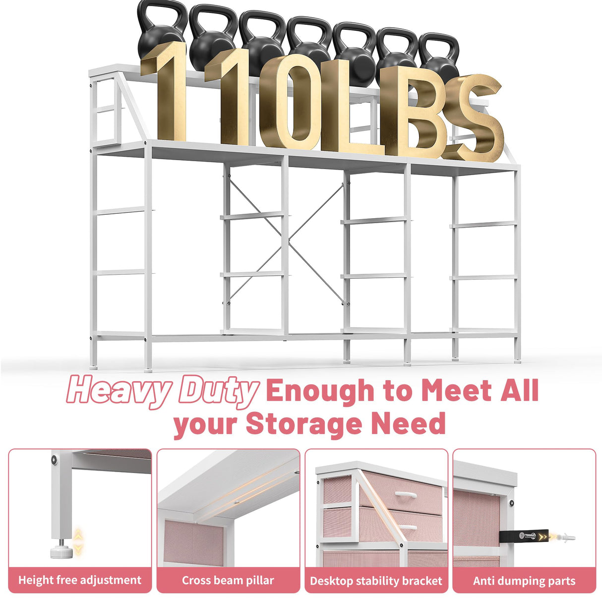 EnHomee 55”W Dresser for Bedroom, Pink Dresser for Bedroom, Dresser with 13 Large Drawer, Dressers & Chests of Drawers, Bedroom Dresser with 2 Shelves, Long Dresser for Closet EnHomee