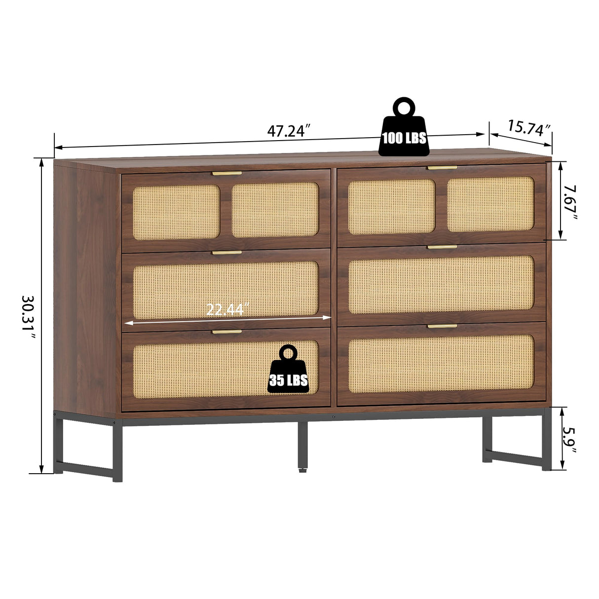 IQCNGVX 6 Drawer Dresser, Modern Rattan Dresser Chest with Wide Drawers and Metal Handles, Accent Dresser Drawer Organizer, Farmhouse Wood Storage Chest of Drawers for Bedroom, Living Room, Entryway IQCNGVX