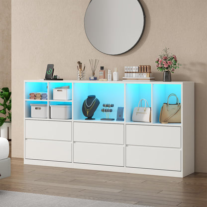 Gyfimoie White Dresser for Bedroom with 6 Drawers, Chest of Drawers with Led Lights&Charging Station, 63" Long Dresser with 7 Open Cubbies, Storage Drawers for Living Room, Closet, Hallway (W - WoodArtSupply