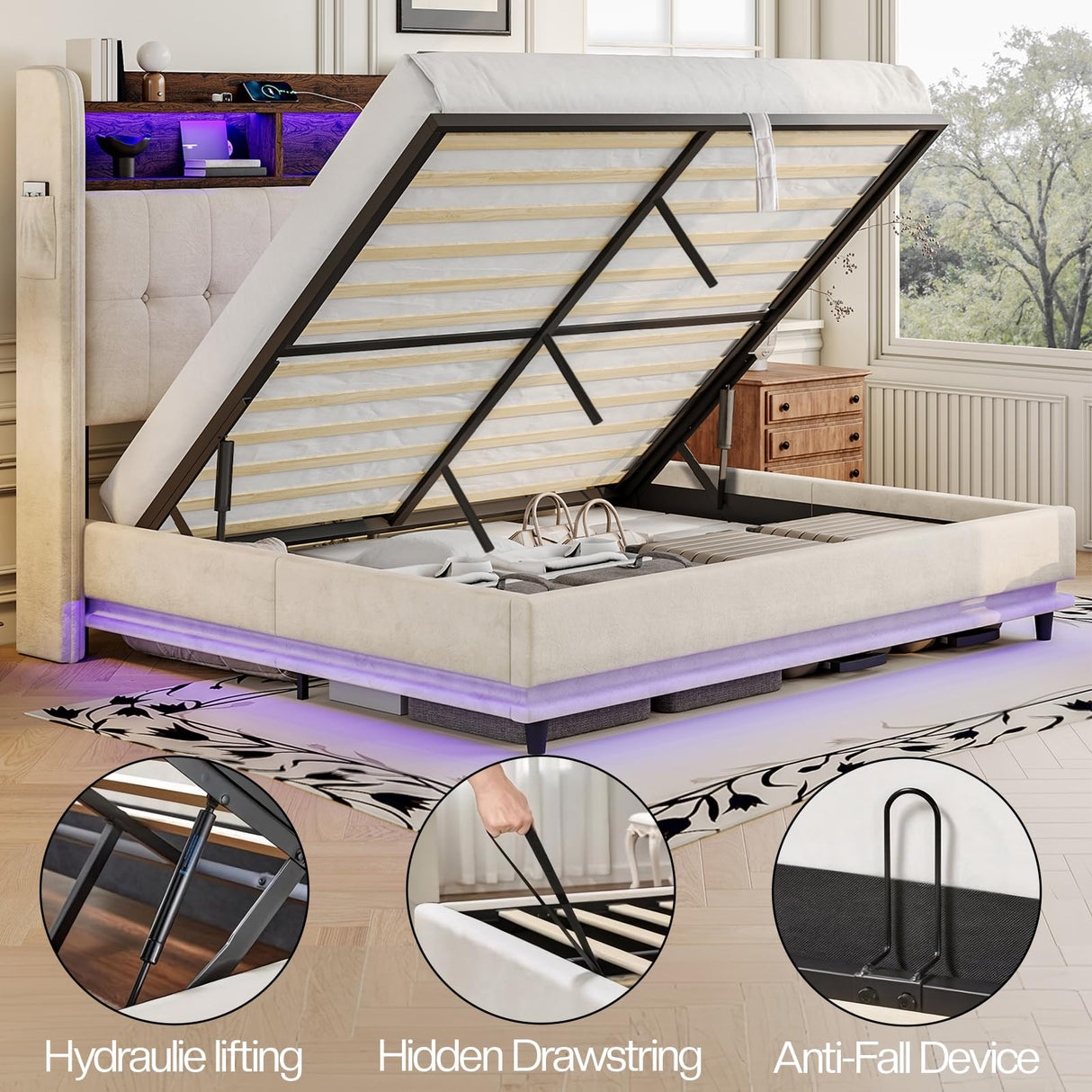 Jocisland Queen Size Bed Frame with Hydraulic Lift Up Storage, 53.1" H Built-in Bookcase & RGB LED Headboard, Velvet Upholstered Wingback Design, No Box Spring Needed, Cream Jocisland
