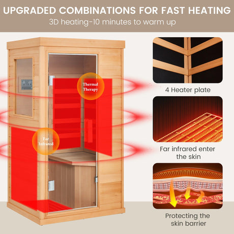 BNEHS 1 Person Infrared Sauna, Hemlock Wooden Indoor Dry Saunas，Full Spectrum Mini Sauna with 4 Heater Panels, Bluetooth Speaker, Tempered Glass Door, Compact and Easy to Use, 110V BNEHS