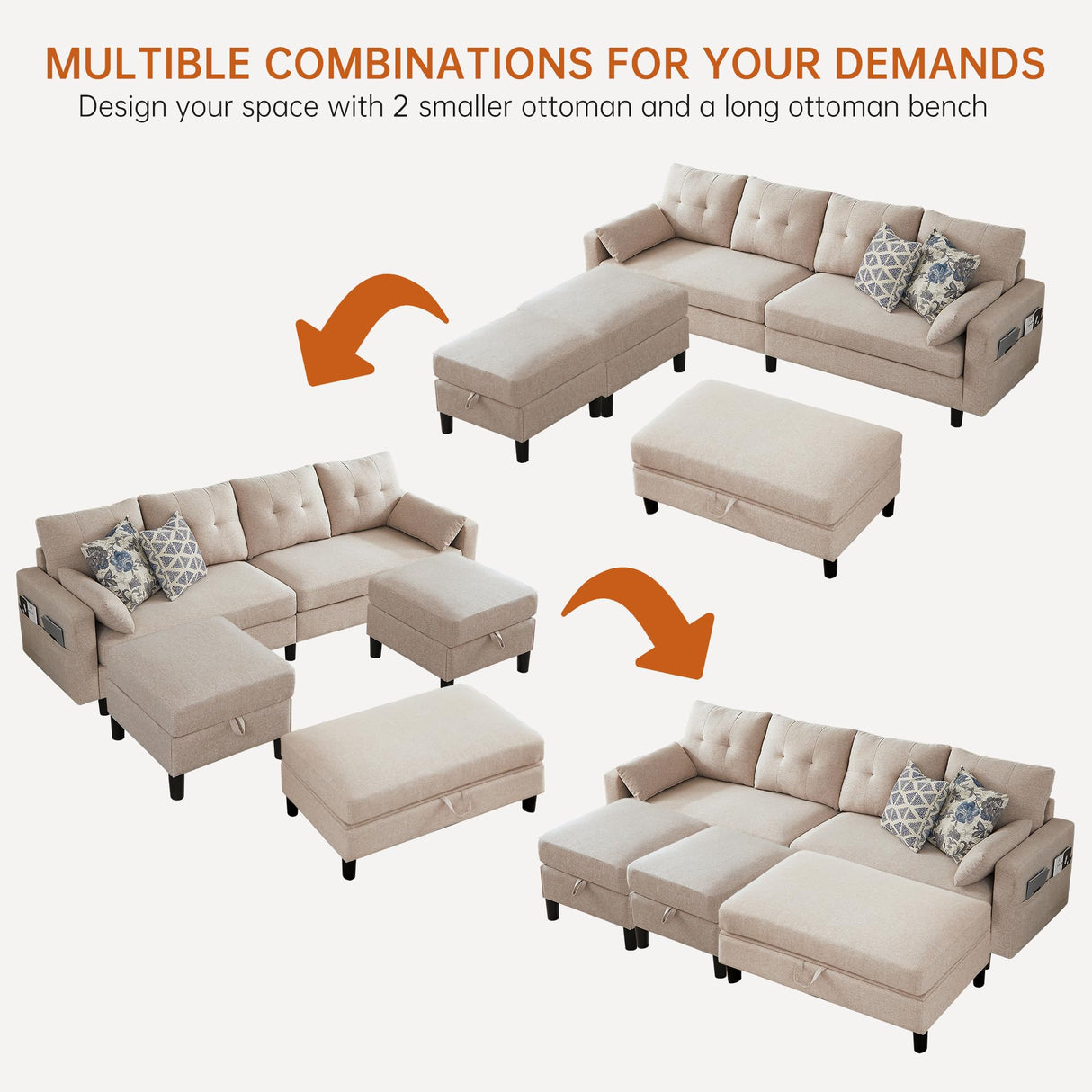 Convertible Sectional Sleeper Sofa with Storages, 100" U Shaped 4 Seater Couch with 2 Movable Ottomans and 1 Ottoman Bench Polyester Fibre for Living Room, Beige Soscana