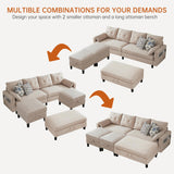 Convertible Sectional Sleeper Sofa with Storages, 100" U Shaped 4 Seater Couch with 2 Movable Ottomans and 1 Ottoman Bench Polyester Fibre for Living Room, Beige Soscana