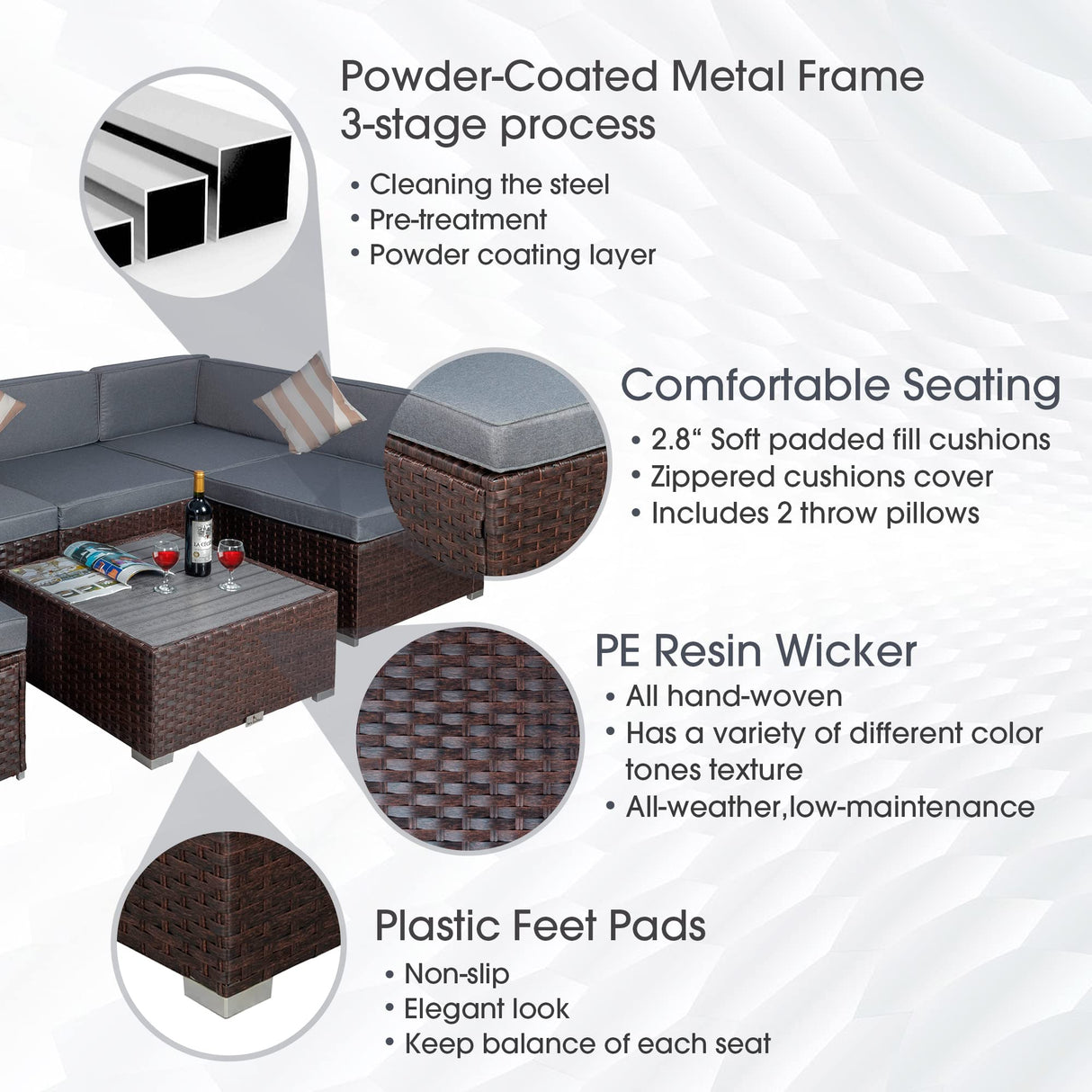 7 Piece Outdoor Patio Furniture Sets with Cushions, Outdoor PE Rattan Wicker Sectional Conversation Patio Couch Sofa Set with Coffee Table, for Garden, Deck, Poolside, Gray Welpatio