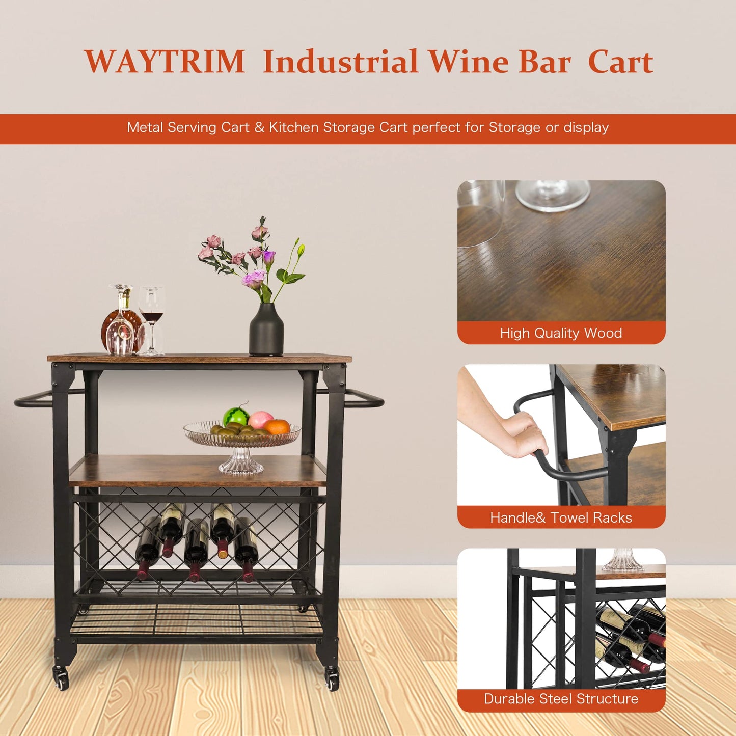 WAYTRIM Bar Cart, 3 Tier Home Freely Rolling with Wheels, Industrial Vintage Style Wood Metal Serving Trolley Kitchen Serving Cart with Rack and Cup Holder, for Dining Rooms, Garden, Bar