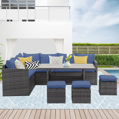 Wisteria Lane Outdoor Patio Furniture Set, 7 Piece Outdoor Dining Sectional Sofa with Dining Table and Chair, All Weather Wicker Conversation Set with Ottoman,Blue - WoodArtSupply