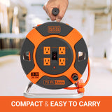 BLACK+DECKER 75 Ft. Retractable Extension Cord Reel With 4 Outlets, Multi-Plug Extension, Easy Handle Rewind & Heavy-Duty 14AWG SJTW Cable Black + Decker