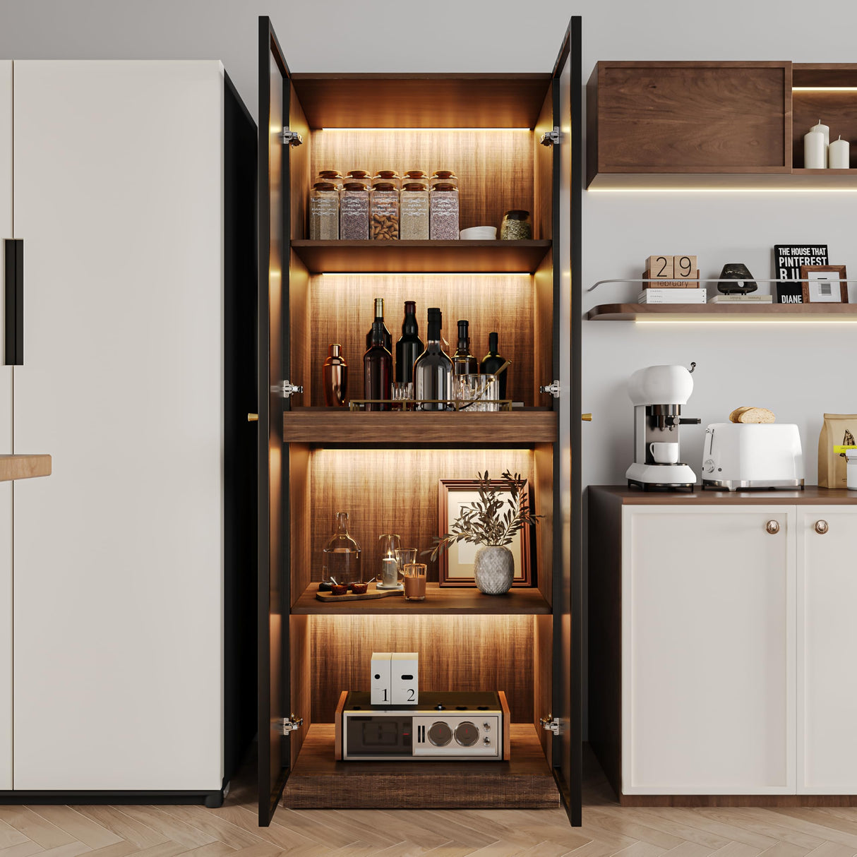 ATJafurn Glass Display Cabinet with LED Lights Tempered Glass Curio Cabinet with Pull-Out Shelf for China Liquor Collectibles 23.6'' W (Walnut) ATJafurn