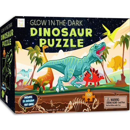 Hapinest Glow-in-The-Dark Dinosaur Jigsaw Puzzle for Kids, 100 Piece Puzzles for Kids Boys and Girls Gifts Ages 5 6 7 8 9 10 11 12 Years Old & Up, Includes 12 Dinosaur Fact Cards & LED Mini Flashlight