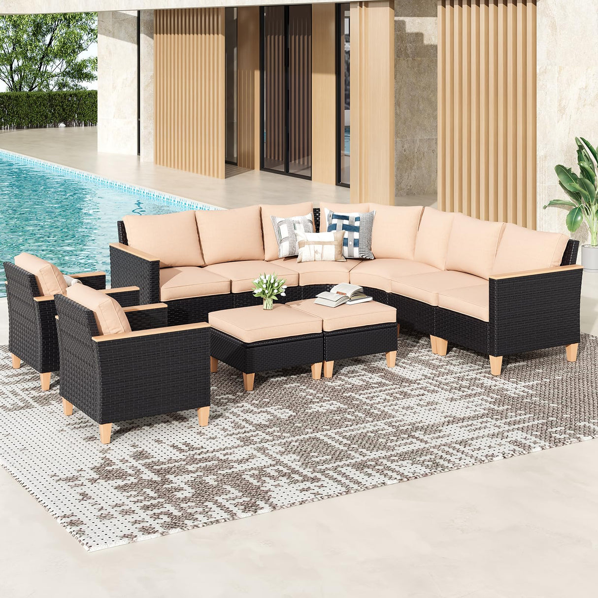 Soohow Patio Furniture Set, 10 Piece Outdoor Sectional Furniture Set with Cushions, Wicker Patio Conversation Set Outdoor Sectional Sofa, All-Weather PE Rattan Sofa for Garden, Backyard and Poolside Soohow