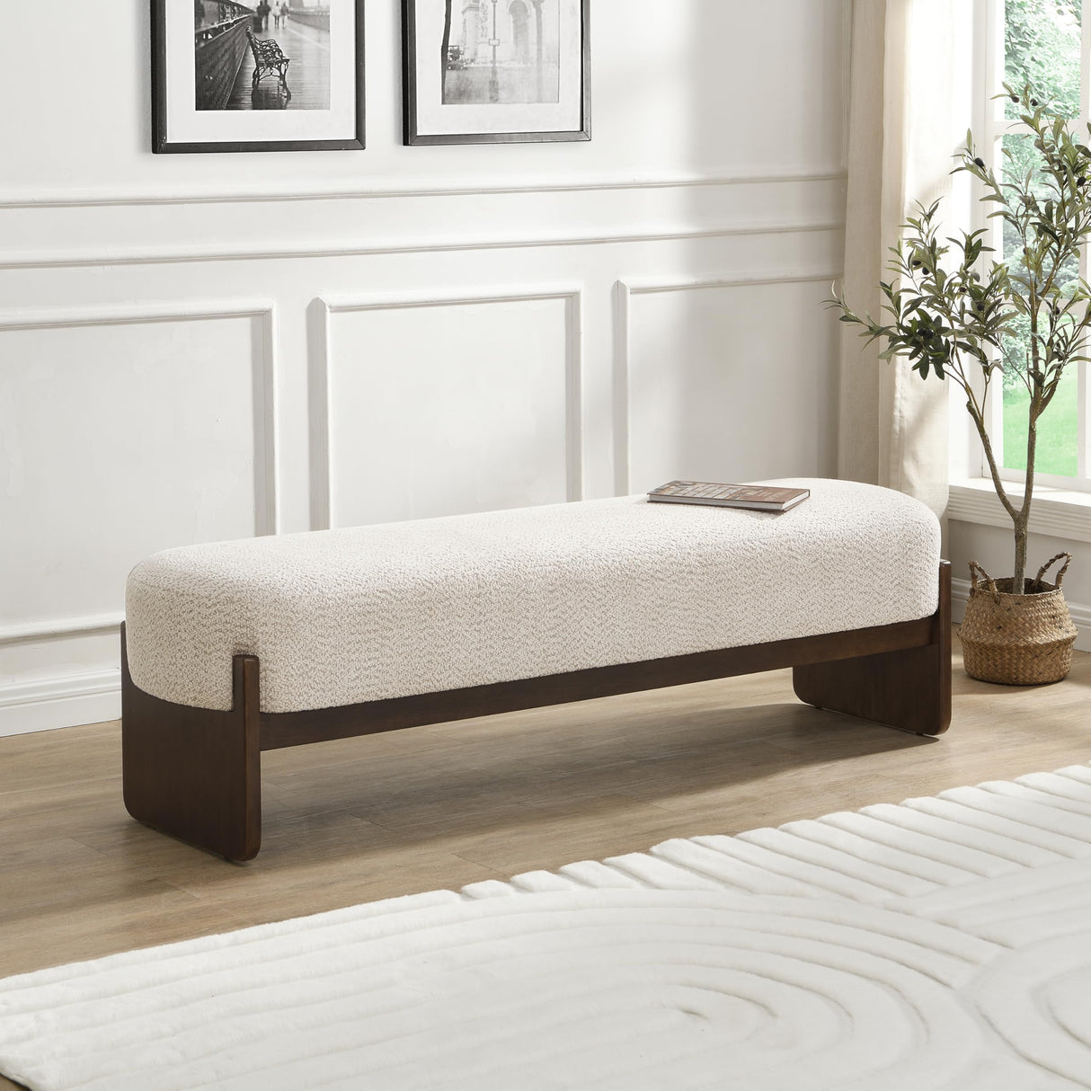Christopher Knight Home Arden Minimalist Style Rectangular Loop Yarn Fabric Ottoman Bench, Rubberwood Frame, Entryway Bench, Living Room Sofa Extra Seat, End of Bed Footstool, Beige+Brown Christopher Knight Home