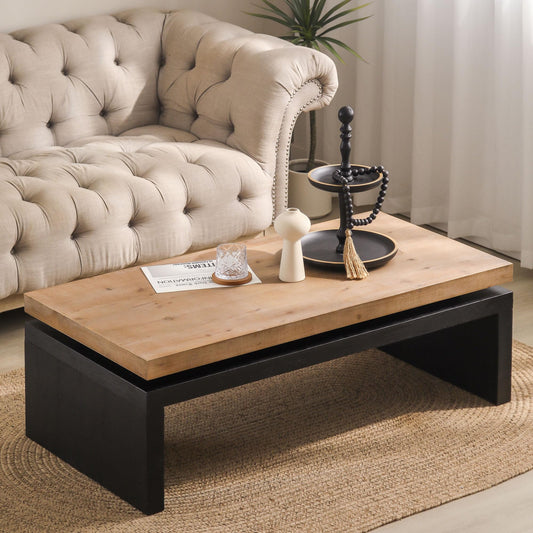 Wood Coffee Table, 47.6" Mid Century Modern Farmhouse Wooden Coffee Tables for Living Room Natural Solid Firwood Tabletop Rectangle Center Table for Home Office Tea Table (Natural + Black)