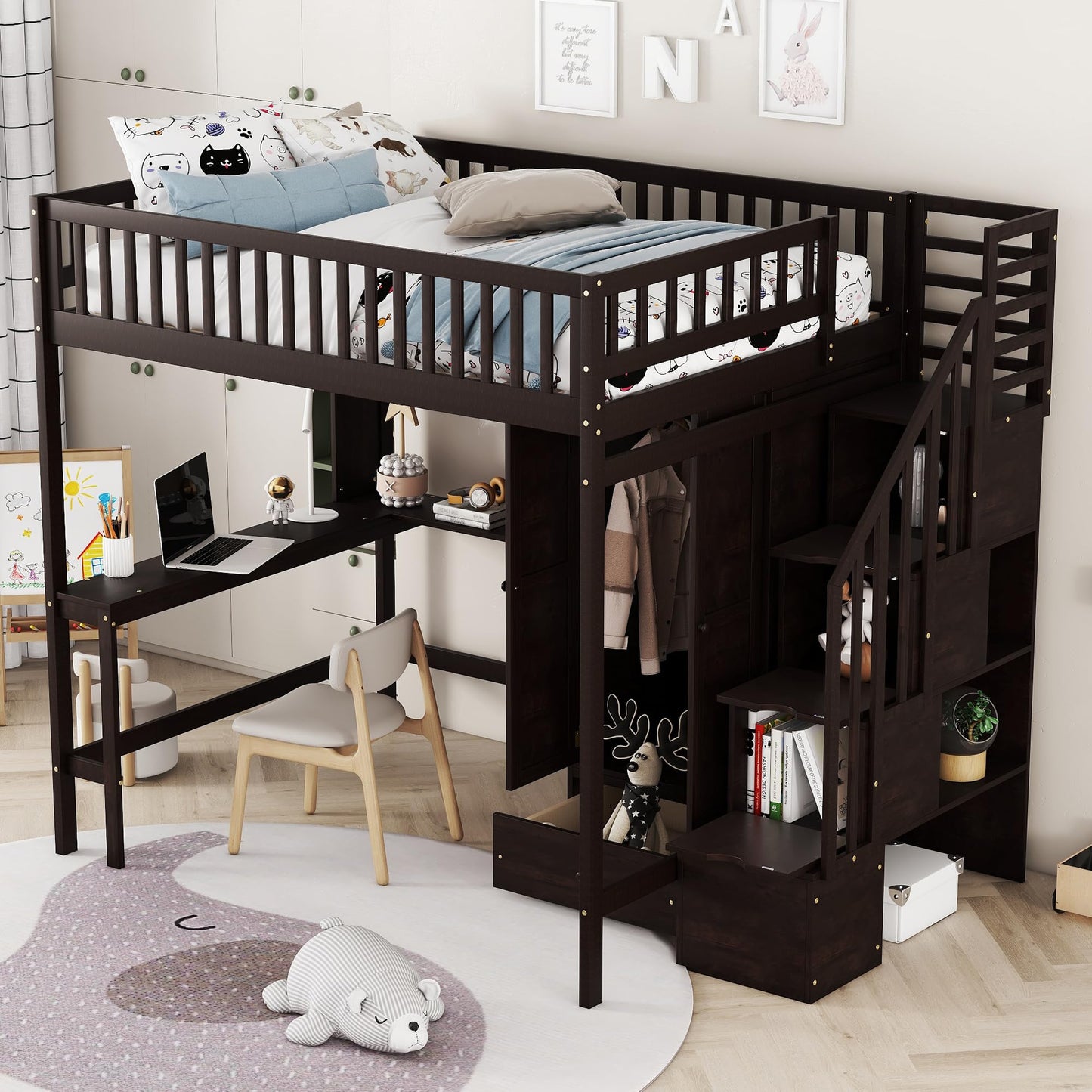 Espresso Full Size Loft Bed with Storage Stairs, Desk, Bookshelf, and Wardrobe by Harper & Bright Designs - WoodArtSupply