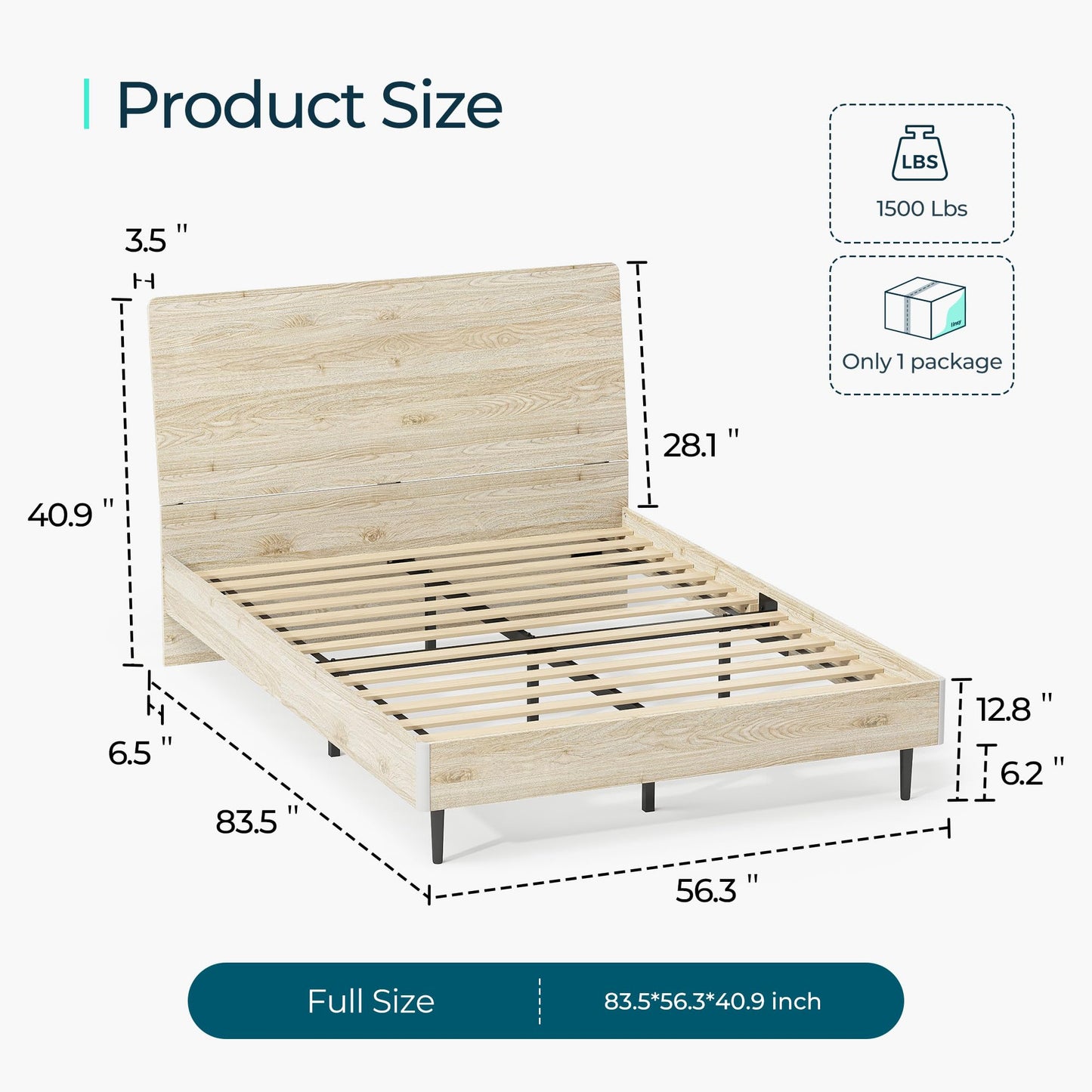 LINSY Beige Full Size Wood Platform Bed Frame with Ergonomic Headboard and Storage Shelf - WoodArtSupply