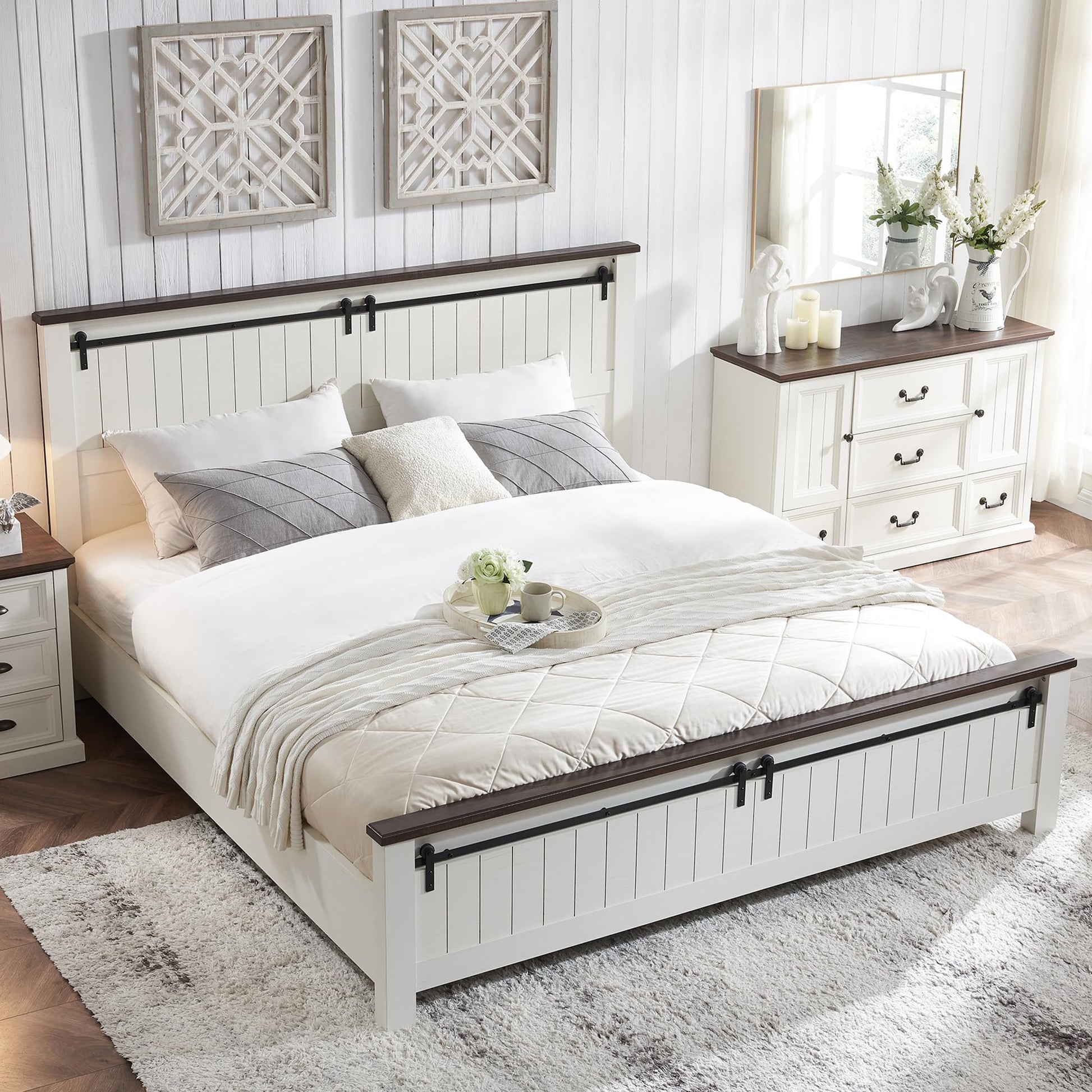 IFGET Farmhouse Queen Size Wood Bed Frame with Grooved Sliding Barn Door Design and Sturdy Slats Support, No Box Spring Required (White) - WoodArtSupply