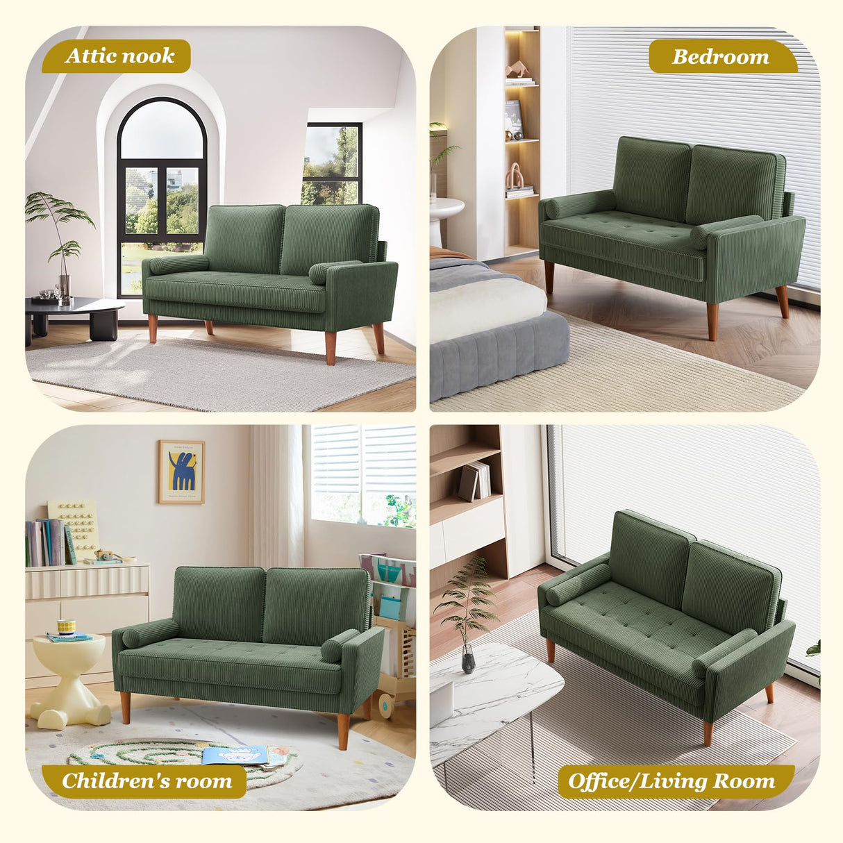 Loveseat Sofa with Solid Wood Legs,48" Small Corduroy Couches for Small Spaces, Mid Century Modern Love Seat for Living Room, Bedroom, Easy Assembly with Throw Pillow, Green Vesgantti