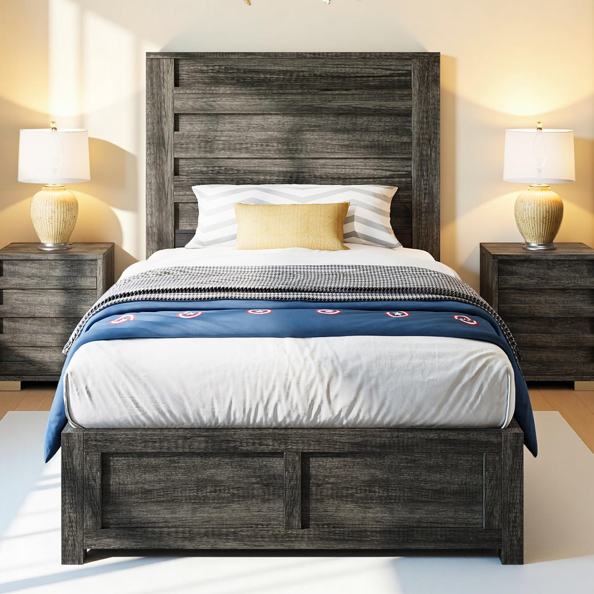 Albott Farmhouse Twin Platform Bed with 49" Fluted Headboard, Wood Bed Frame with Natural Grain Finish, No Box Spring Needed, Noise-Free, Rustic Grey Albott