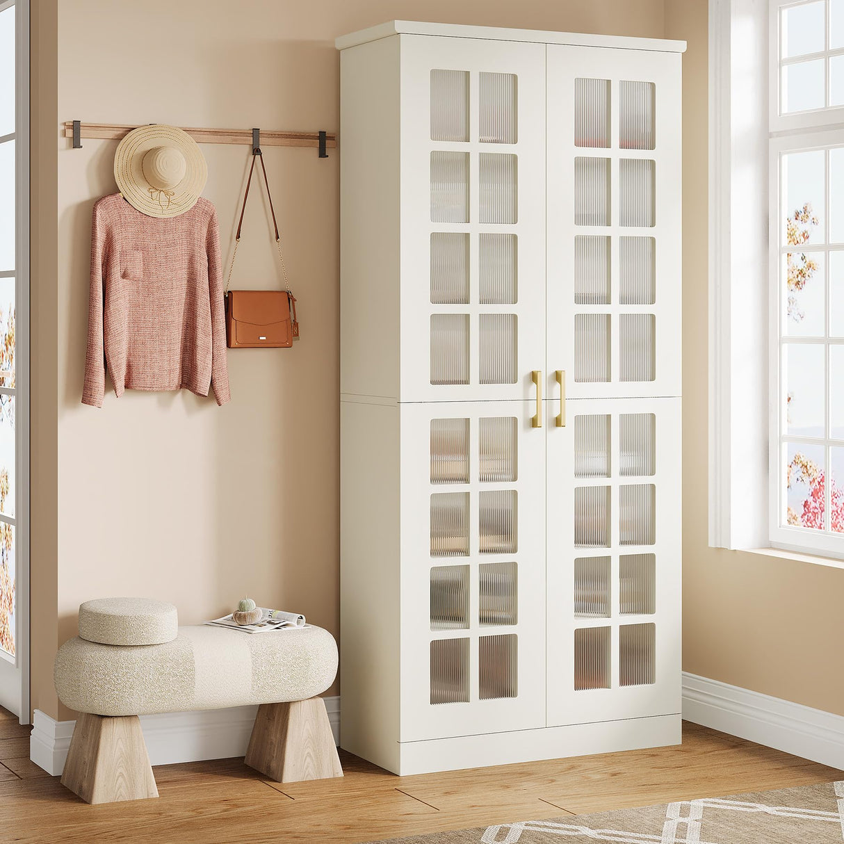 Tribesigns 71-Inch Tall Shoe Cabinet with Doors, 8-Tier Shoe Storage with Adjustable Shelves, Modern Shoe Organizer Shoe Rack Cabinet for Entryway, Hallway, Closet, Living Room, White and Gold Tribesigns