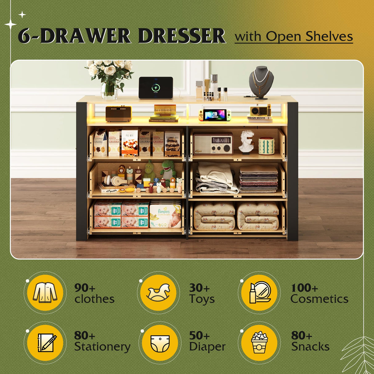 WLIVE 6 Drawer Dresser with Led Light, 50.79'' Wood Dresser for Bedroom with Power Outlets for 55'' TV, Modern Chest of Drawers for Closet, Hanging Rack, Double Wide Drawer for Living Room, Light Oak WLIVE