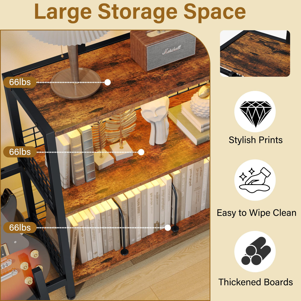 kepptory Display Shelf Bookshelf with RGB Lighting, Wooden Curio Cabinet Floor Lamp with Shelves, Vinyl Holder and Adjustable Stand, Record Player Stand Bookcase for Living Room Bedroom Décor (Brown) kepptory