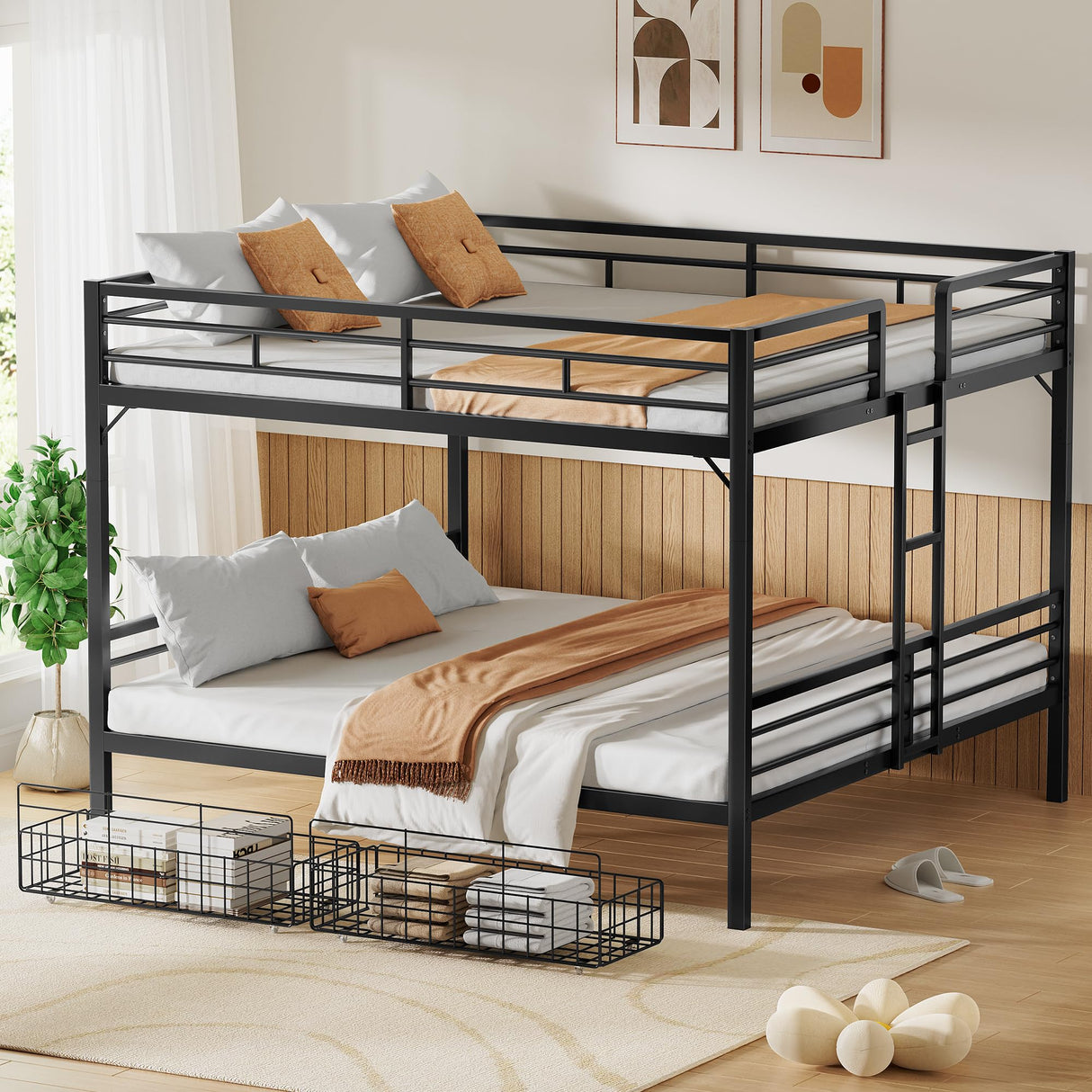 PVWIIK King Over King Bunk Bed with Drawer and Guardrails for Adult Teenagers Bedroom,Metal Bed Frame w/Ladder for Girls, Boys,Modern Style Bed/No Box Spring Required,Black PVWIIK