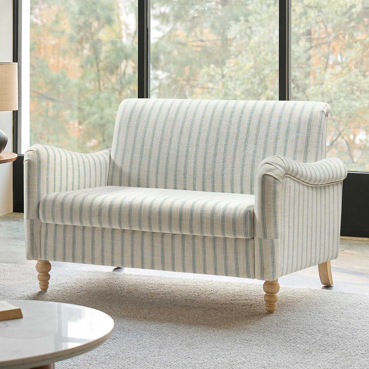 HULALA HOME 50.5" Loveseat Sofa with Stripe Pattern, 2 Seater Farmhouse Sofa with Rolled Wide Armrests and Rubber Wood Legs, Comfy Upholstered Small Couch for Living Room Bedroom, Blue HULALA HOME