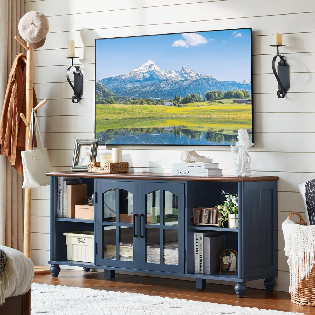 RWYHG Farmhouse TV Stand for 60 Inch TV, Wood Entertainment Center with Glass Door Storage Cabinet & Adjustable Shelves,Television Stands for 65" TVS, TV Console Table for Living Room,Bedroom,Blue RWYHG