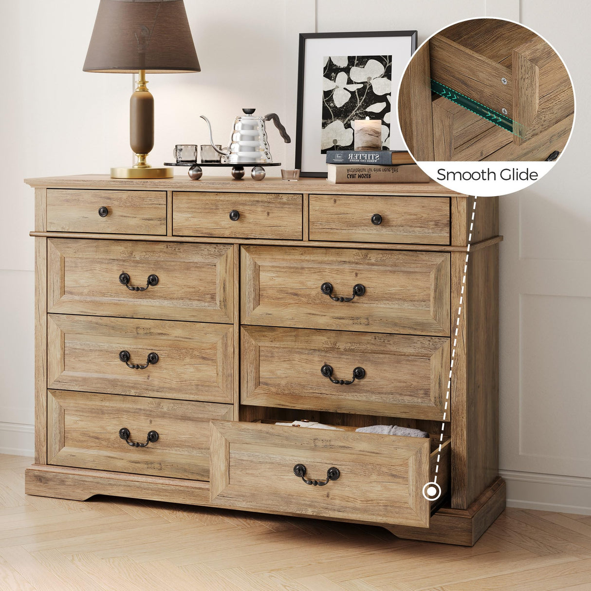LINSY HOME 9 Drawers Dresser for Bedroom, Wood Bedroom Dresser Farmhouse Drawer Chest, 9 Chest of Drawer, Tall Dresser for Closet, Dressers Organizer for Living Room, Closet, Hallway, Rustic Oak LINSY HOME