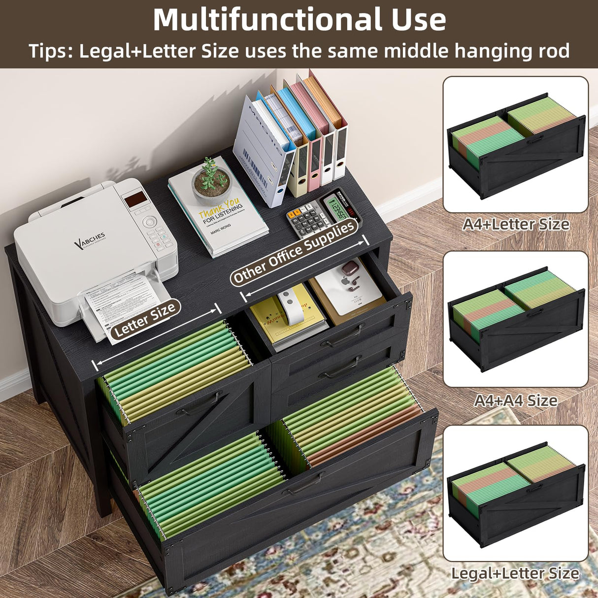 4-Drawer Wood Lateral File Cabinet for Hanging Files Letter/A4/Legal Size, Large Farmhouse File Cabinets for Home Office, Printer Stand with Office Cabinet, Black Vabches