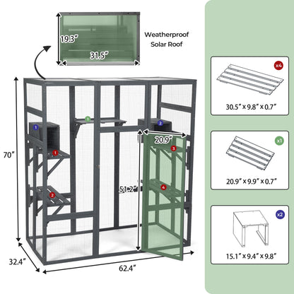 Large Stylish Wooden Catio Outdoor Cat Enclosure Cat Cage & Run Enclosures Indoor Kitty Window Cage with Waterproof Roof, 7 Platforms & 2 Resting Box, UV Resistant, 62.4" L x 32.4" W x 70" H  - WoodArtSupply