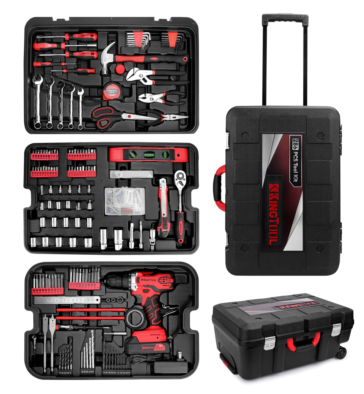 KingTool Home Tool Set Kit - 286 PCS Home Auto Repair Tool Kit with Rolling Tool Box, Mechanic Tool Sets with 21V Max Cordless Power drill, Perfect for Homeowner, Diyer, Handyman KINGTOOL