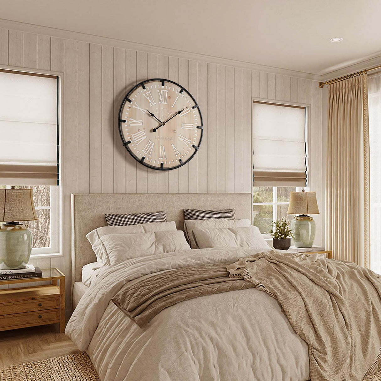 Vantic Farmhouse 24 Inch Extra Large Decorative Wall Clock with Metal Circle, Oversized Wood Wall Clock with Large Roman Numeral for Living Room, Bedrooms and Offices, Silent and Battery Operated Vantic