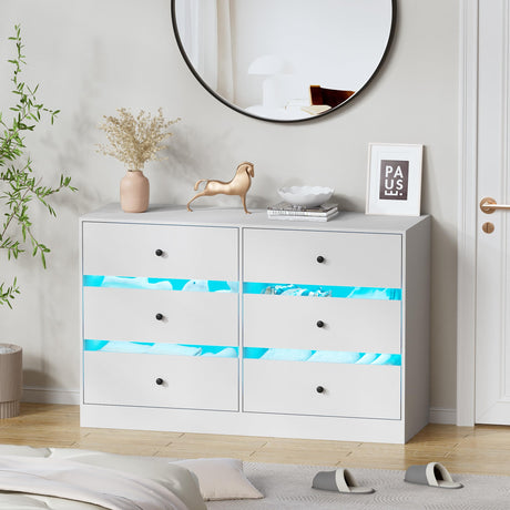 SDMY 6 Drawer Double Dresser, White Bedroom Dresser with LED Light, Baby Dresser for Nursery, Modern Wood Dresser Chest of Drawers for Living Room, Hallway SDMY