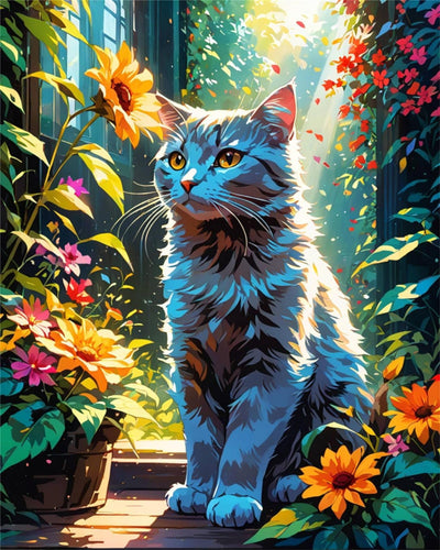 Cat Paint By Numbers Kit For Adults Canvas Cats Sunflower Adult Paint By Number Kits For Beginner DIY Easy Cat Garden Flower Oil Painting Adults' Paint-By-Number Kits Home Room Decor Gift 16x20 Inch