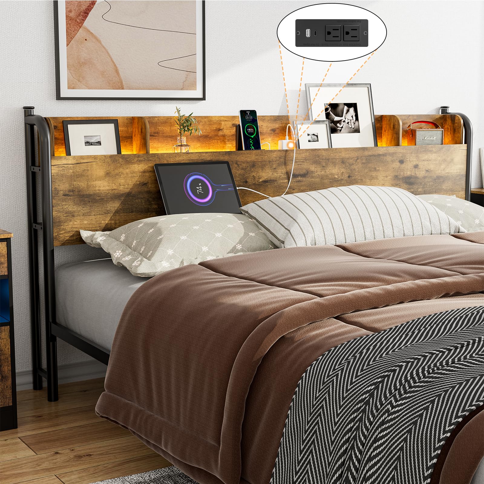 IKIFLY King Size Rustic Brown Storage Headboard with Charging Station & LED Lights - WoodArtSupply