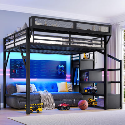 Enoioyonay Queen Size Metal Loft Bed with Stairs, Storage Shelves, Wardrobe, Safety Guardrail, USB Ports and LED Lights, Space Saving, for Boys Girls Adults, Black Woodgrain