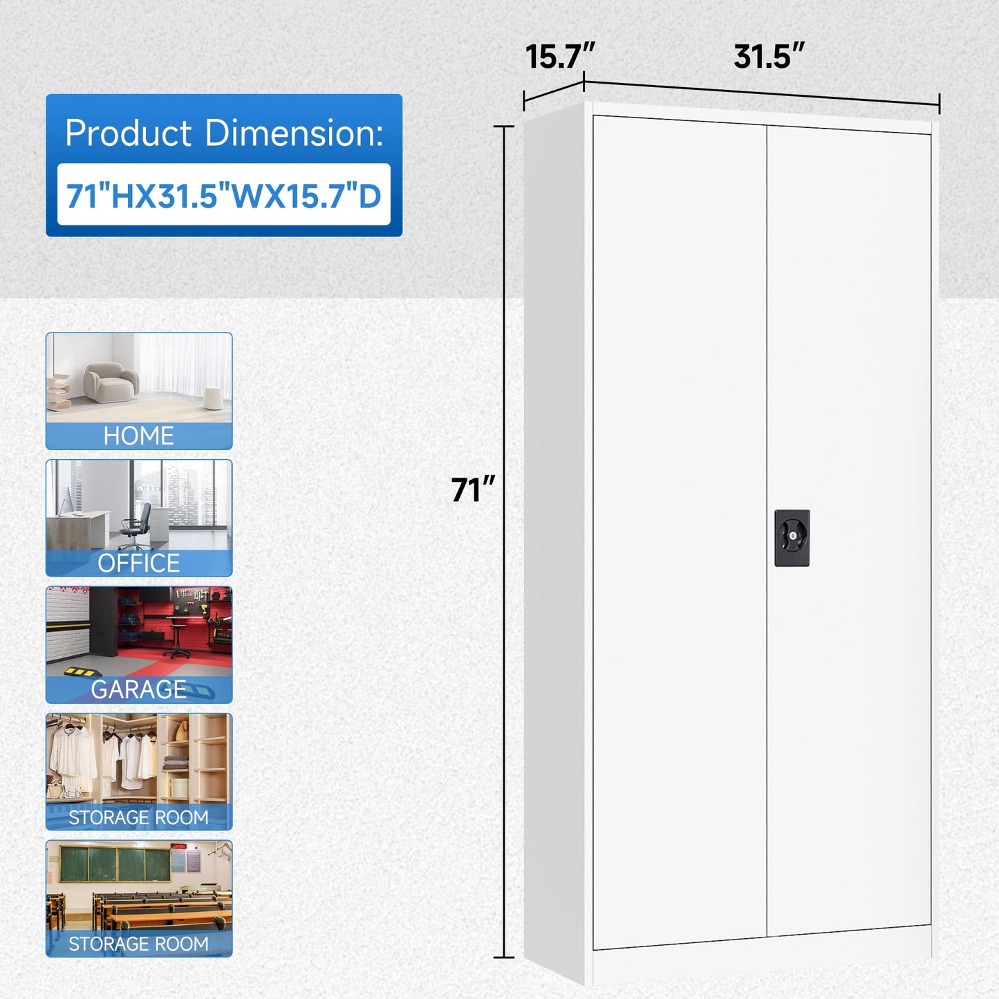 Metal Locking Storage Cabinet with 2 Doors and 5 Adjustable Shelves, 71" Tall Steel Garage Storage Cabinets for Home Office, Garage, Pantry,Tool Organizer (White, Swing Handle 2 Doors - 71"H)