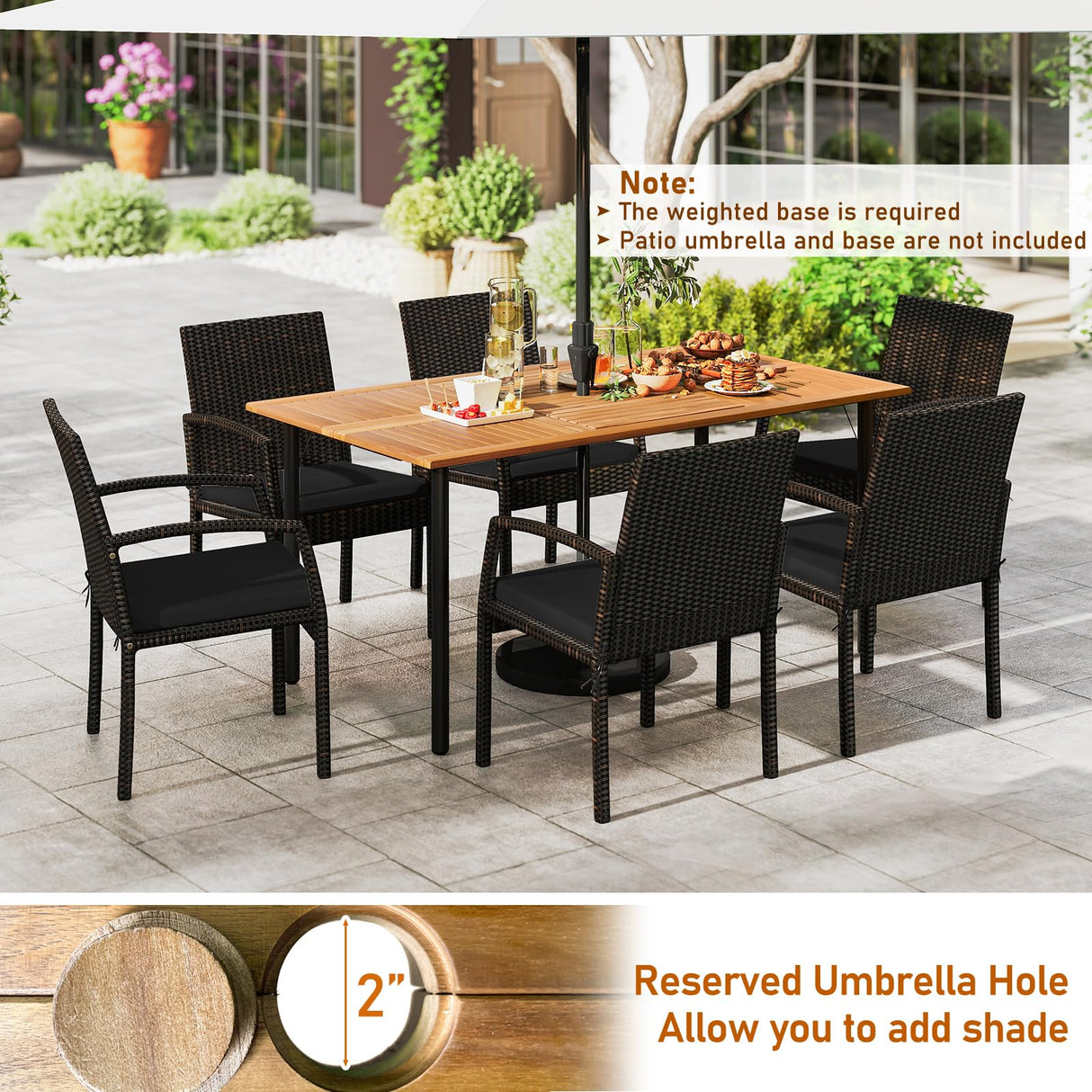 Tangkula 7 Pieces Outdoor Dining Set, Patio Acacia Wood Table and PE Rattan Chairs with Soft Cushions and 2” Umbrella Hole for Deck, Garden and Backyard Tangkula