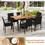 Tangkula 7 Pieces Outdoor Dining Set, Patio Acacia Wood Table and PE Rattan Chairs with Soft Cushions and 2” Umbrella Hole for Deck, Garden and Backyard Tangkula