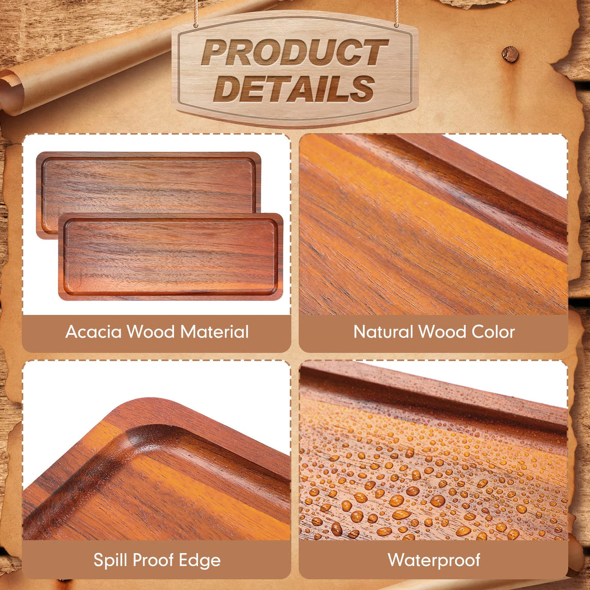 Skylety 15 Pack Solid Wood Serving Tray Large Acacia Party Server Platter Rectangular Charcuterie Board with Grooved Handle for Home kitchen Cheese Skylety