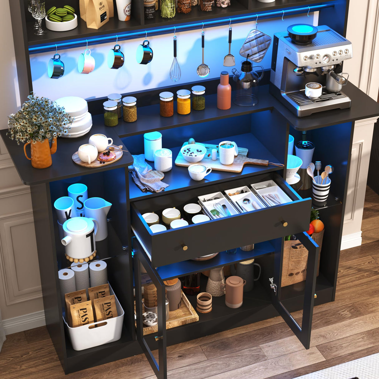 Black Coffee Bar Cabinet with Hutch & LED Lights, 70" Tall Buffet Buffet Cabinet with Storage,Modern Kitchen Sideboard Glass Doors Tall Coffee Hutch with Microwave Stand Glass Shelf Dining Room chartustriable