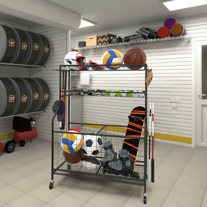 WALMANN Garage Ball and Sports Equipment Organizer, Ball Storage Rack Indoor/Outdoor Kids Ball/Toy Storage Organizer Bins, Rolling Ball Cart with Baskets - WoodArtSupply