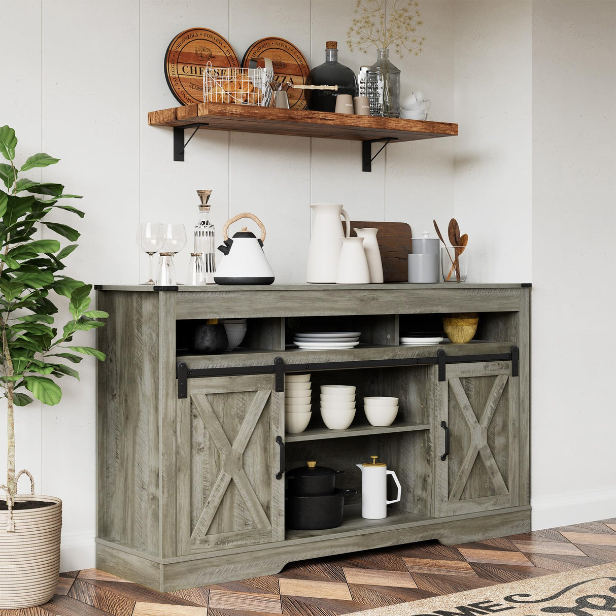 FansaFurn Farmhouse TV Stand for 65+ Inch TV, 34'' Tall Entertainment Center with Sliding Barn Doors, Rustic Wood Media Console Storage Cabinet Television Stand for Living Room, Bedroom Light Grey FansaFurn